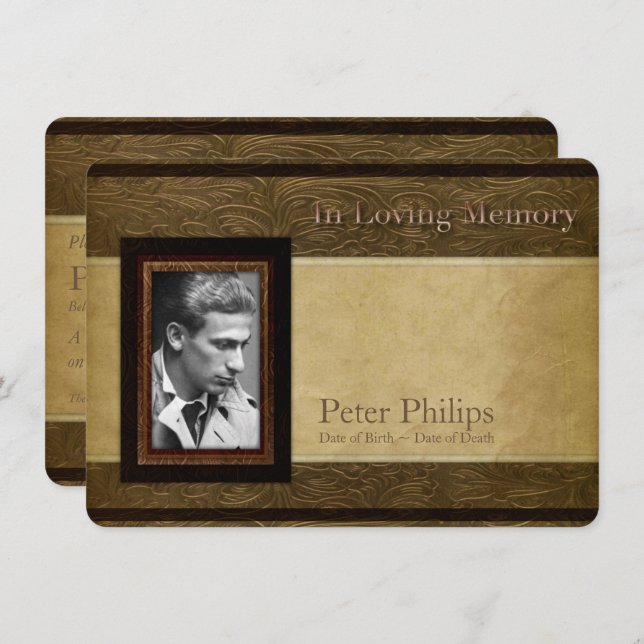 Faux leather parchment Photo Memorial Service Invitation (Front/Back)