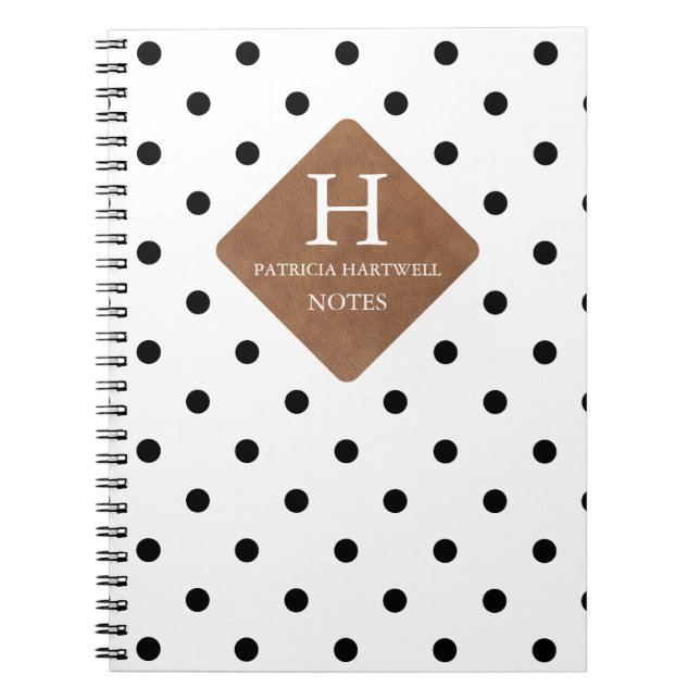 Faux Leather Patch on Chic Black Dots Monogram Notebook (Front)