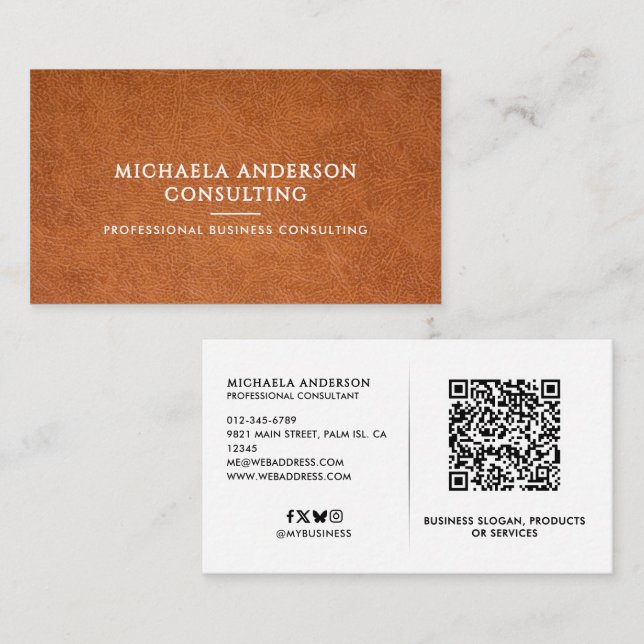 Faux Leather Professional QR Code & Social Media Business Card (Front/Back)