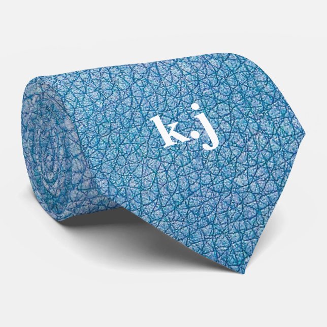Faux Leather Texture monogram blue design Tie (Rolled)