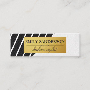 Faux Leather White Stripes Gold Metallic Label Mini Business Card