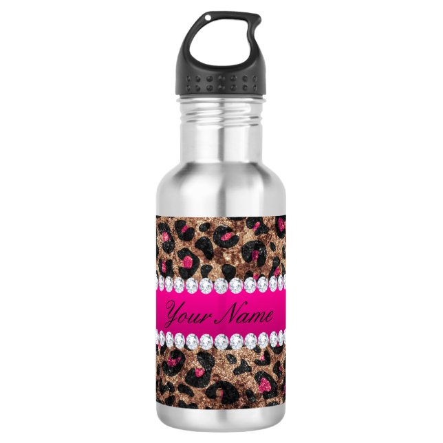 Faux Leopard Hot Pink Rose Gold Foil and Diamonds 532 Ml Water Bottle (Front)