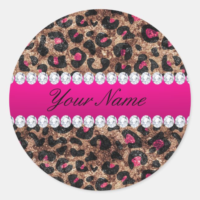 Faux Leopard Hot Pink Rose Gold Foil and Diamonds Classic Round Sticker (Front)