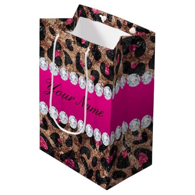 Faux Leopard Hot Pink Rose Gold Foil and Diamonds Medium Gift Bag (Front Angled)