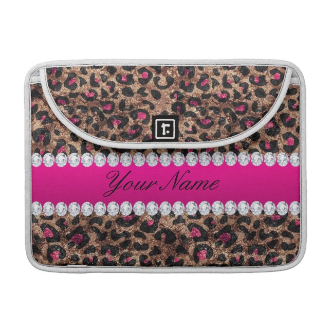 Faux Leopard Hot Pink Rose Gold Foil and Diamonds Sleeve For MacBooks (Front Closed)