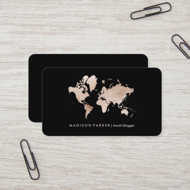 Faux Light Gold World Map on Black Business Card (Front/Back In Situ)