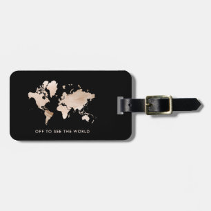 Faux Light Gold World Map on Black Luggage Tag