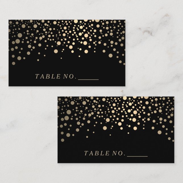 Faux Lights Gold Confetti Dots on Black Place Card (Front/Back)