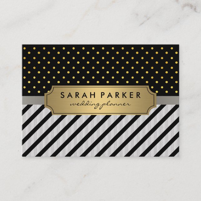 Faux Linen Black Stripes Polka Dots Business Card (Front)