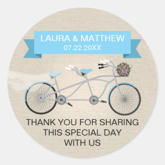 Faux Linen Blue Tandem Bicycle Wedding Classic Round Sticker