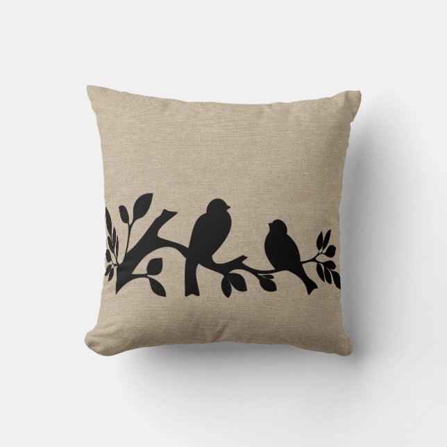 Faux linen burlap rustic chic jute love birds patt cushion (Front)