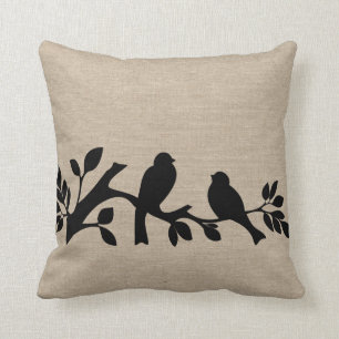 Faux linen burlap rustic chic jute love birds patt cushion