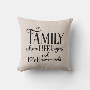Faux linen family quote cushion