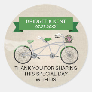 Faux Linen Green Tandem Bicycle Wedding Classic Round Sticker