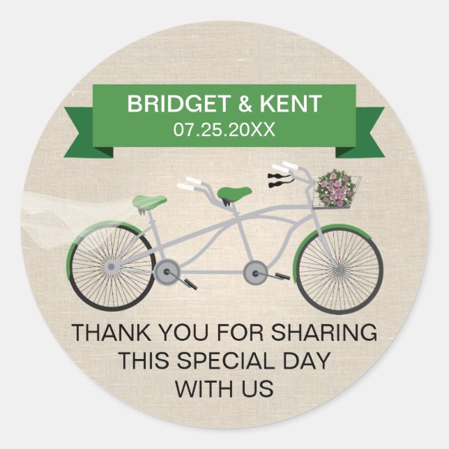 Faux Linen Green Tandem Bicycle Wedding Classic Round Sticker (Front)