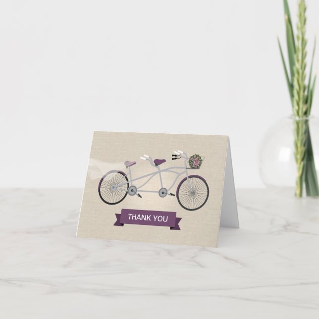 Faux Linen Plum Tandem Bicycle Wedding Thank You Card (Front)