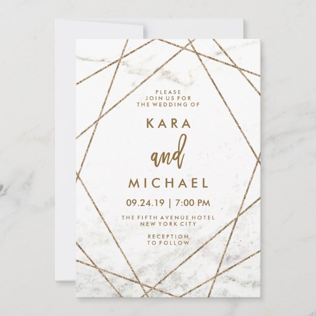 Faux Marble and Copper Geometric Wedding Invite (Front)
