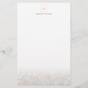 Faux Marble and Rose Gold Texture Monogrammed Stationery