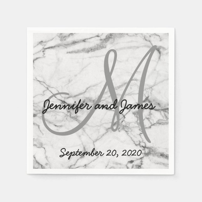 Faux Marble Grey Monogram Names Wedding Napkin (Front)