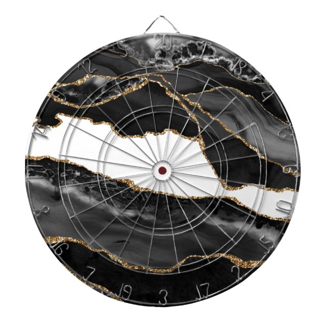 Faux Marbled Agate Black Stylish Stone Luxury Dartboard (Front)