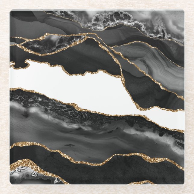 Faux Marbled Agate Black Stylish Stone Luxury Glass Coaster (Front)