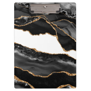 Faux Marbled Agate Black Stylish Stone Luxury Gold Clipboard