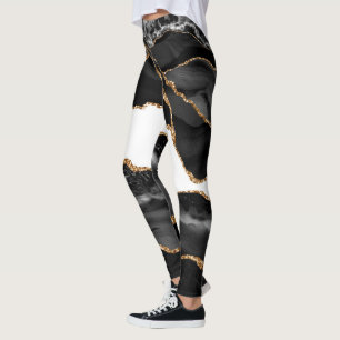 Faux Marbled Agate Black Stylish Stone Luxury Gold Leggings
