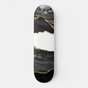 Faux Marbled Agate Black Stylish Stone Luxury Gold Skateboard