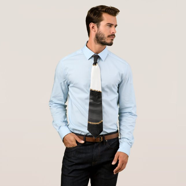 Faux Marbled Agate Black Stylish Stone Luxury Gold Tie (In Situ)