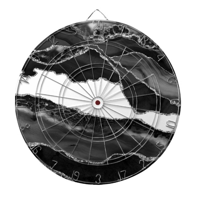 Faux Marbled Agate Black White Trendy Modern Stone Dartboard (Front)
