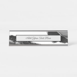 Faux Marbled Agate Black White Trendy Modern Stone Desk Name Plate