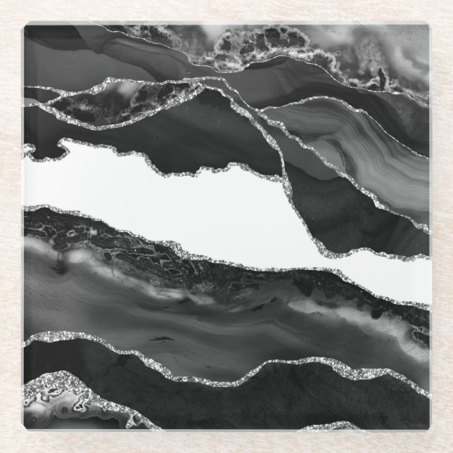 Faux Marbled Agate Black White Trendy Modern Stone Glass Coaster (Front)