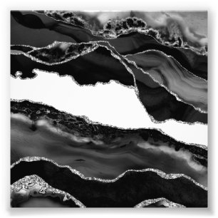 Faux Marbled Agate Black White Trendy Modern Stone Photo Print