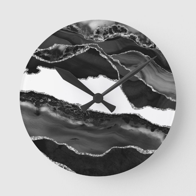 Faux Marbled Agate Black White Trendy Modern Stone Round Clock (Front)