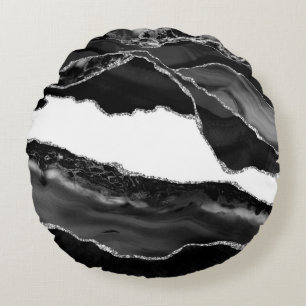 Faux Marbled Agate Black White Trendy Modern Stone Round Cushion