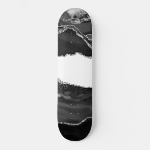 Faux Marbled Agate Black White Trendy Modern Stone Skateboard