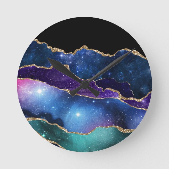 Faux Marbled Agate Stone Galaxy Sparkly Shining Round Clock (Front)