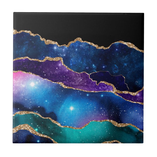 Faux Marbled Agate Stone Galaxy Sparkly Shining Tile (Front)