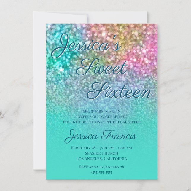 Faux Mermaid Glitter Turquoise Ombre Sweet Sixteen Invitation (Front)