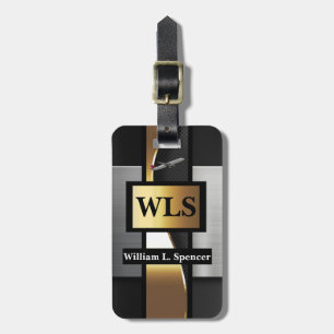 Faux Metal Gold Black Grey Monogram Luggage Tag