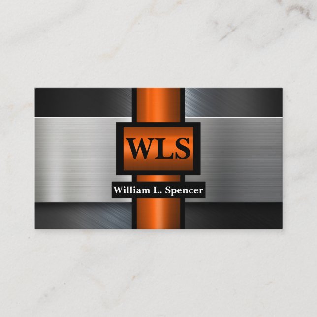 Faux Metal Grey Black Orange Monogram Business Card (Front)