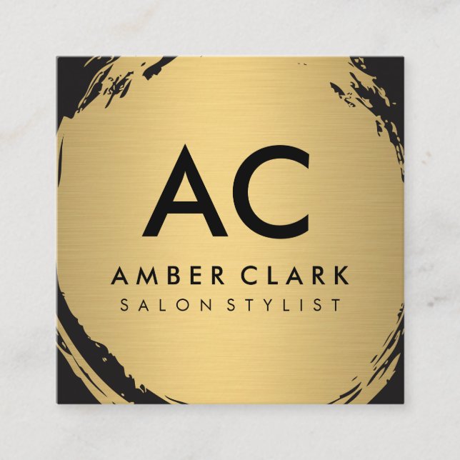 Faux Metallic Gold Brushed Monogram Square Business Card (Front)