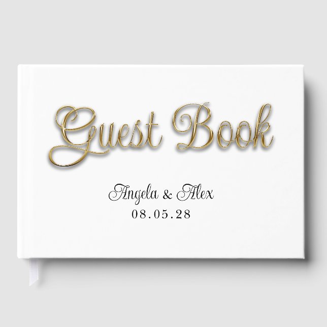 Faux Metallic Gold Curly Script Wedding Guest Book (Front)
