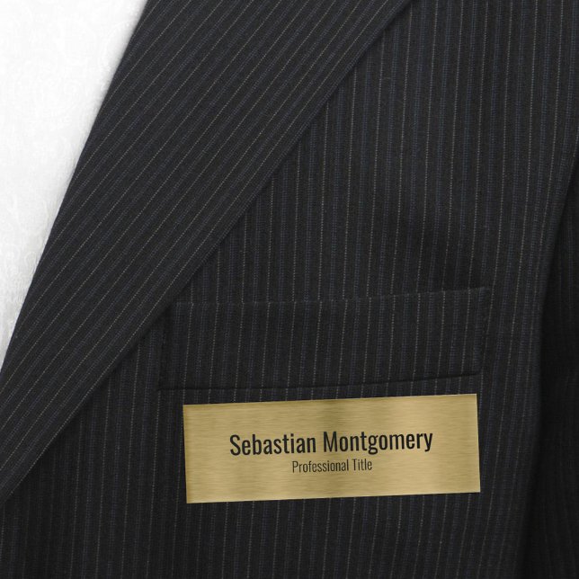 Faux Metallic Professional Brushed Gold Black Text Name Tag (professional name tag magnetic backing)