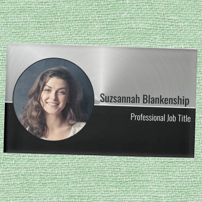 Faux Metallic Professional Silver Flare Photo Name Tag (Creator Uploaded)