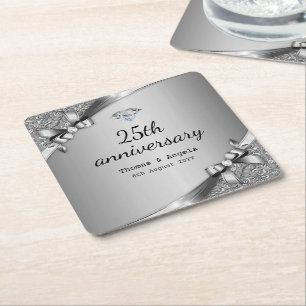 Faux Metallic Silver Diamond 25th Anniversary Glam Square Paper Coaster