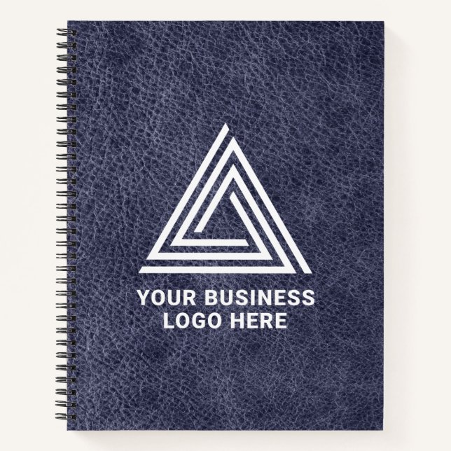 Faux Midnight Blue Leather Modern Business Logo Notebook (Front)