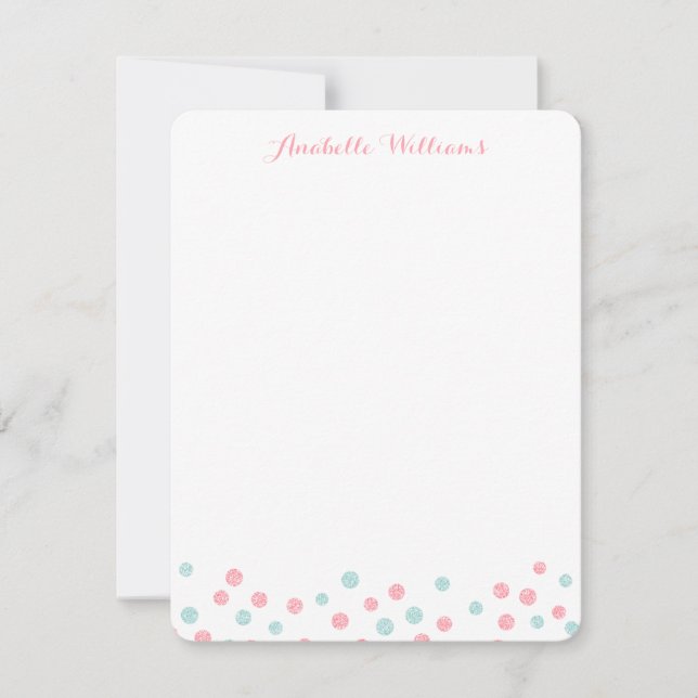 Faux Mint and Pink Glitter Confetti Notecards (Front)