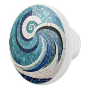 Faux Mosaic Aqua Blue Swirling Ocean Sea Wave Ceramic Knob