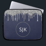 Faux Navy Blue Silver Dripping Glitter Monogram Laptop Sleeve<br><div class="desc">Silver and Navy Blue Faux Dripping Glitter and Sparkle Elegant Monogrammed Initials Case. This case can be customised to include your initial and first name.</div>